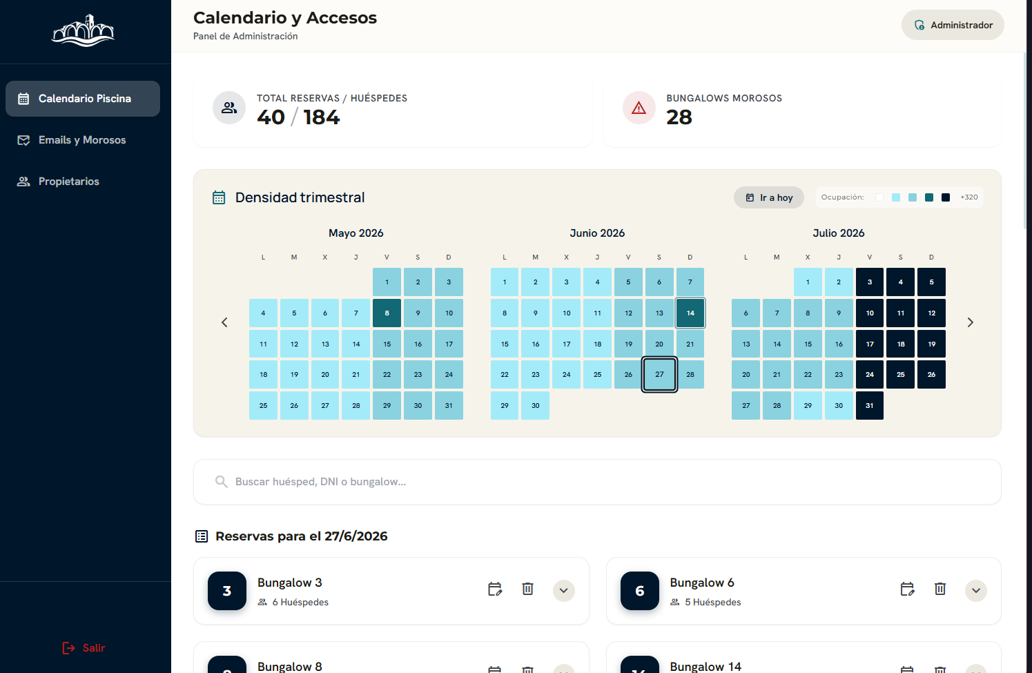 Panel Calendario y Accesos — Bungalows Bahía Sur