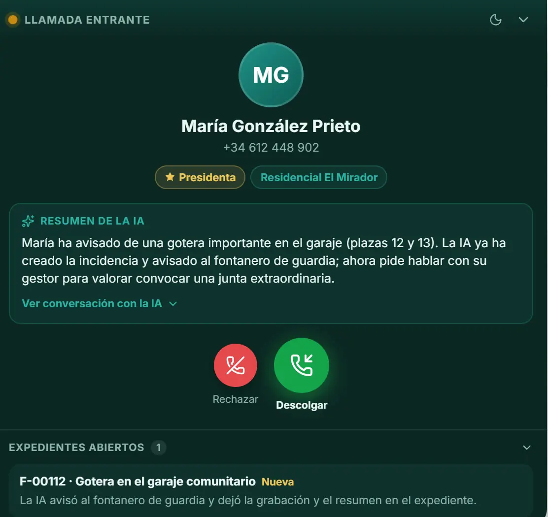 Llamada entrante en Finkea: ficha de la vecina, resumen de la IA y el expediente creado