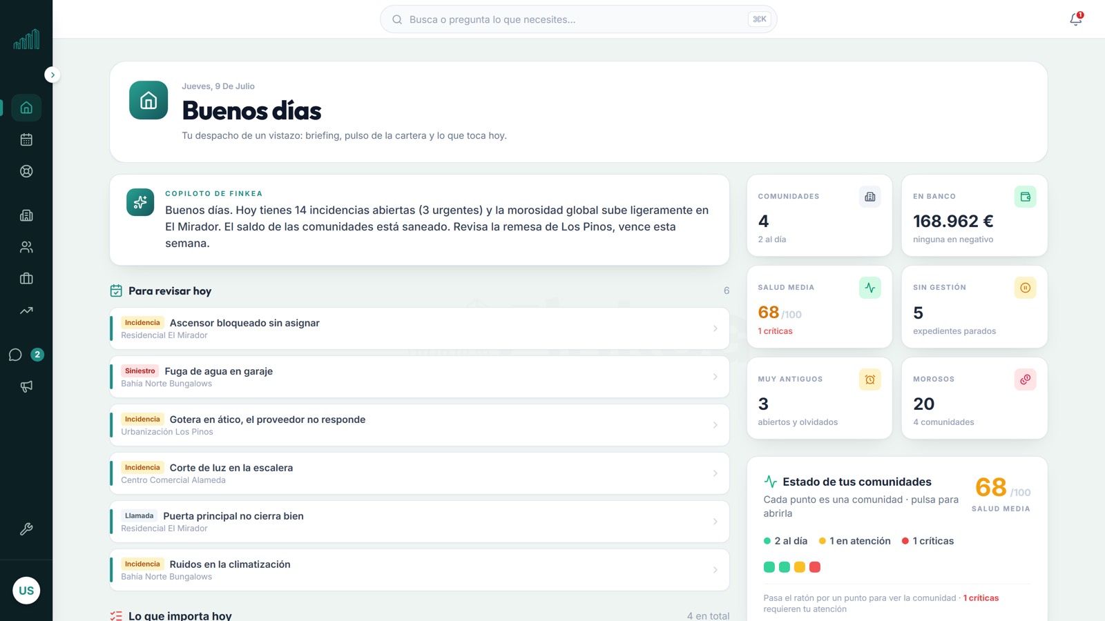 Inicio de Finkea con las incidencias de las comunidades que hay que revisar hoy
