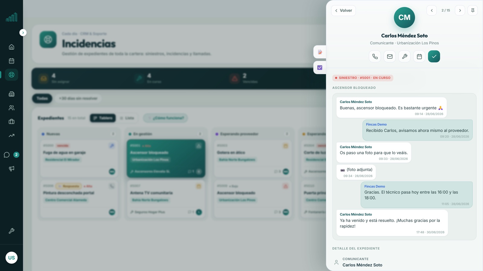 Tablero de incidencias de comunidades de propietarios en Finkea con un expediente abierto
