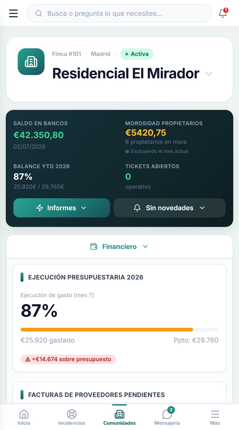 Finkea en el móvil con el acceso a Mensajería y a las comunidades de propietarios