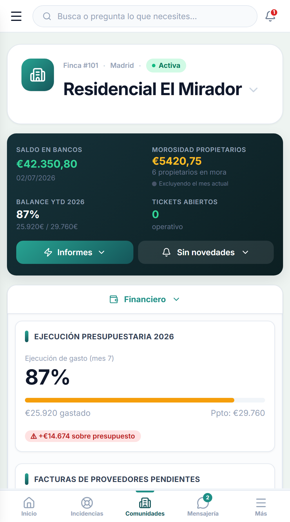 Ficha de comunidad de Finkea en el móvil: saldo, morosidad y presupuesto